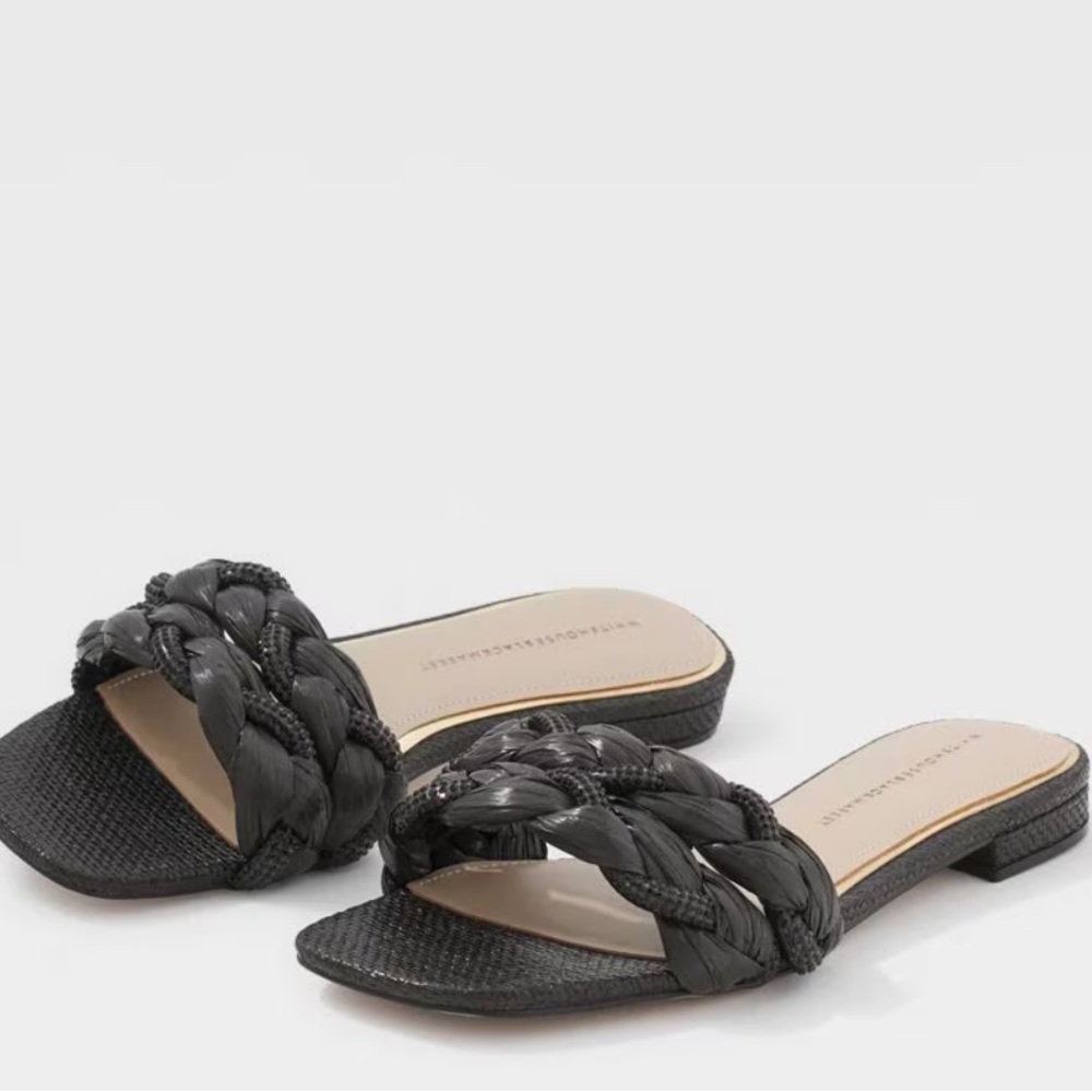 White House Black Market Black Braided Raffia Flat Women Sandal Slides Size 7.5
